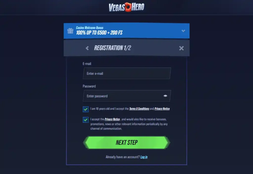 VegasHero registration interface showing welcome offer choices and account setup controls