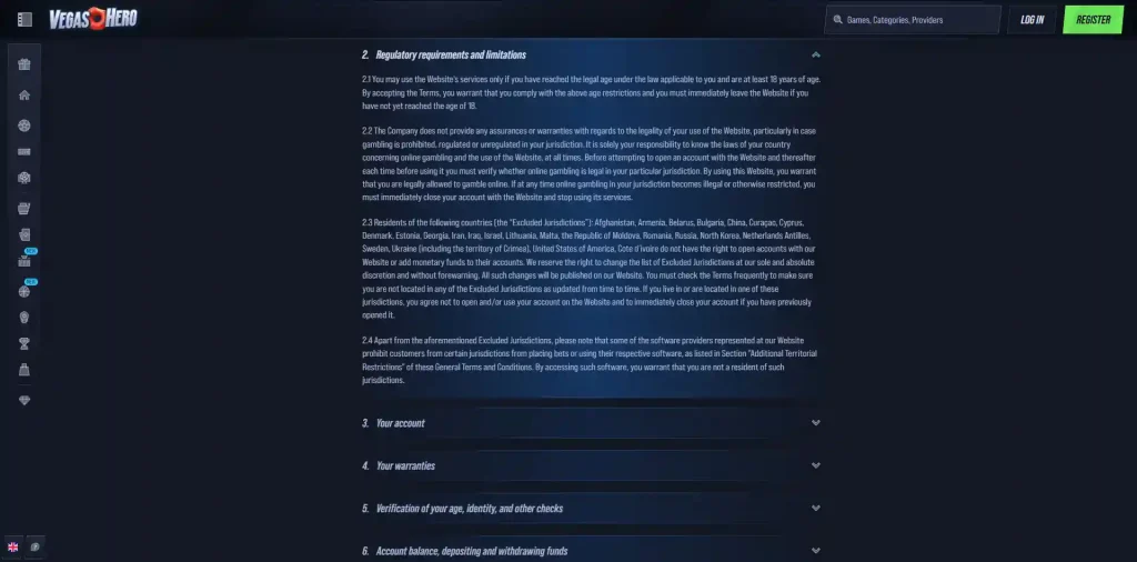 VegasHero terms showing excluded jurisdictions and UK provider restrictions