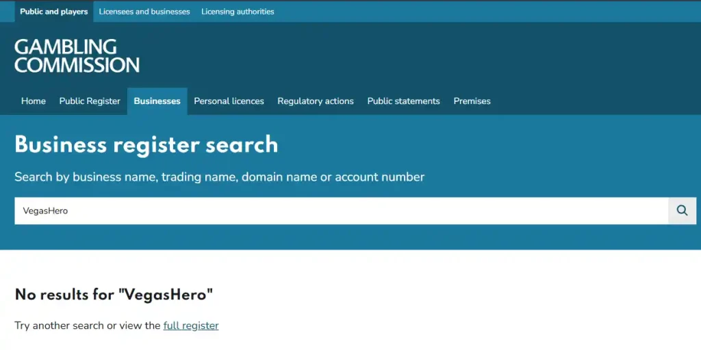 UK Gambling Commission business register search for VegasHero