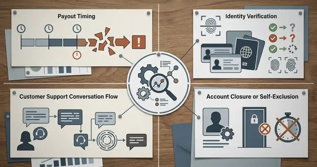 Editorial illustration grouping withdrawal, verification, support and self-exclusion complaint themes