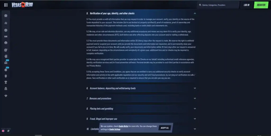 VegasHero Terms verification section showing document categories and review timing