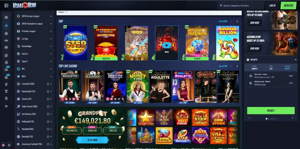 VegasHero casino lobby with slots, live casino and jackpot navigation