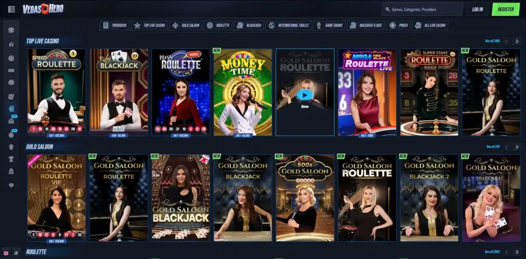 VegasHero live casino lobby showing live table category navigation