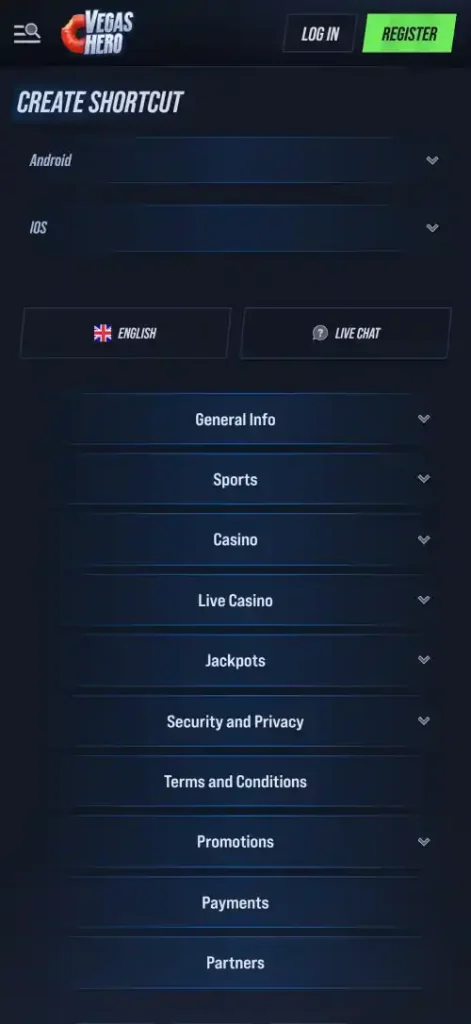 VegasHero official Create Shortcut page showing Android and iOS Add to Home Screen instructions