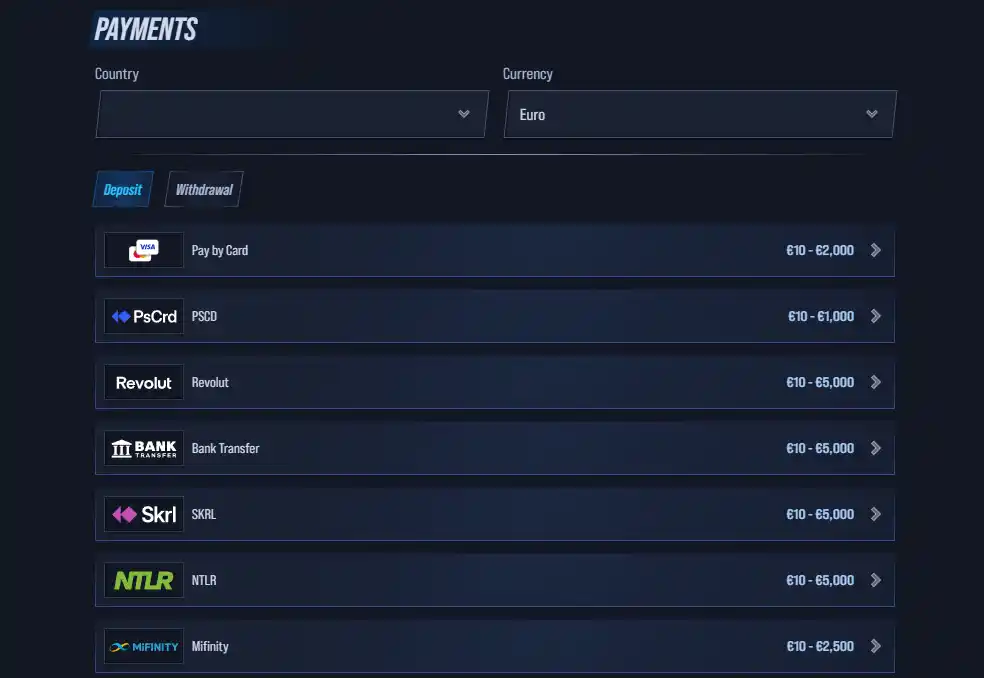 VegasHero payments page showing country and currency selectors with deposit and withdrawal tabs