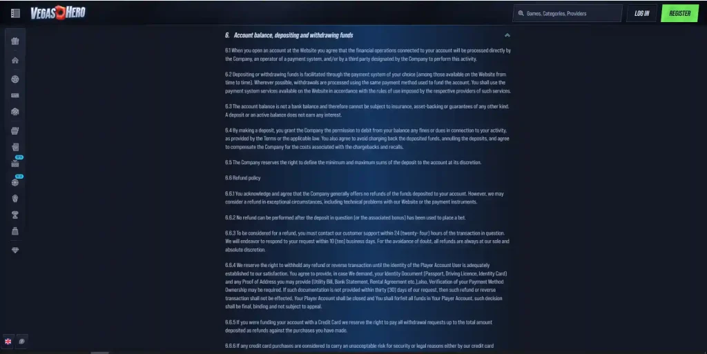 VegasHero Terms showing withdrawal processing and verification clauses
