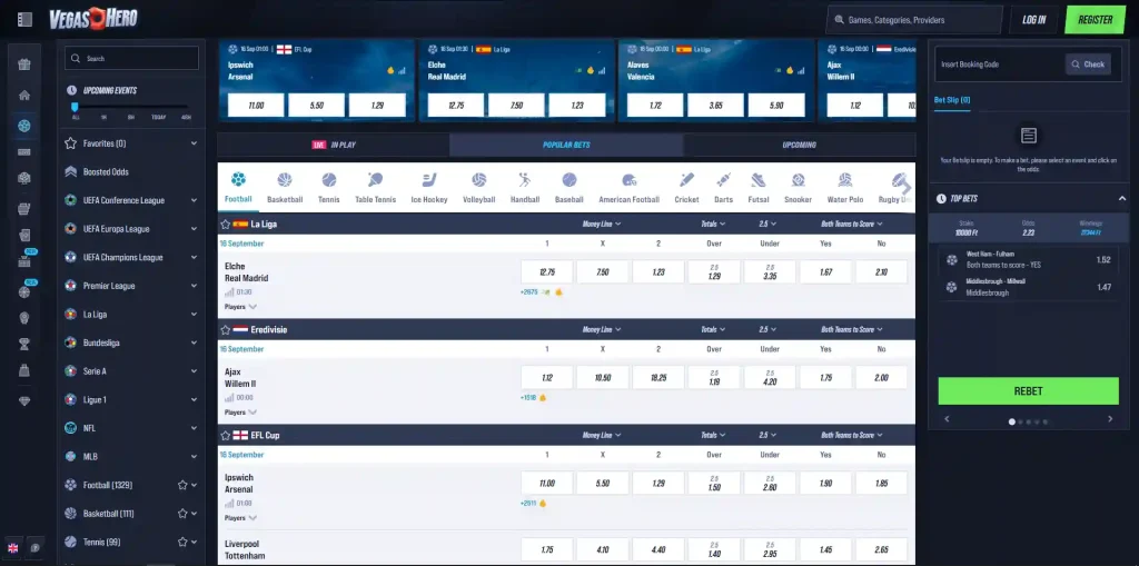 VegasHero sportsbook interface showing sports and live betting navigation